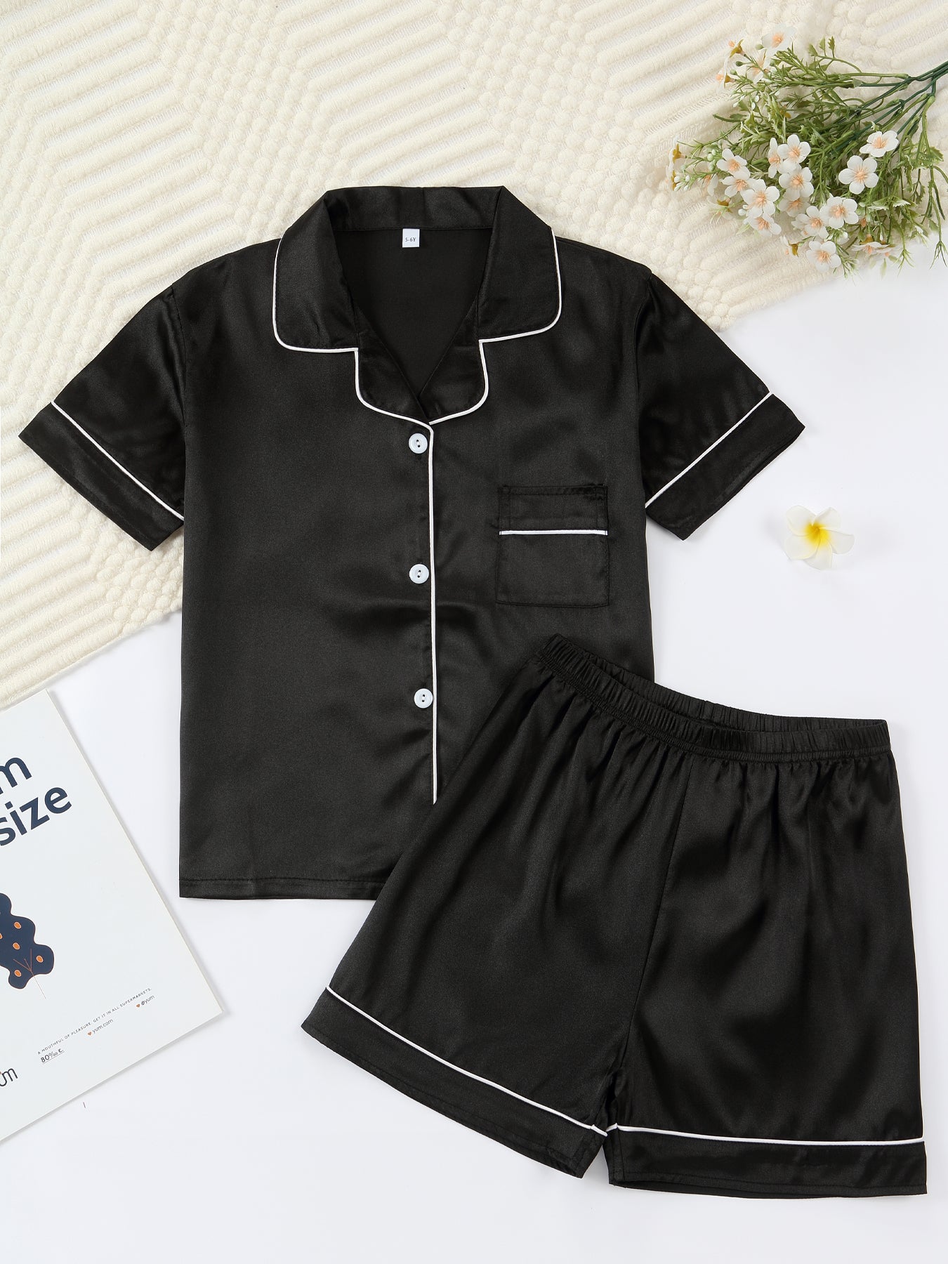 Kids Satin Pajama Set 🖤 – Classic Black Sleepwear (Ages 5–14)